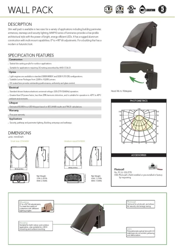 LED Adjustable Full Cutoff Slim Wall Pack 3,600 - 5,200 Lumen (OSL-MWP10) - Image 5